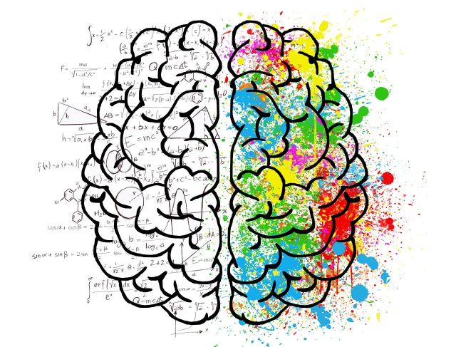 A brain, the left side is full of equations and the right side is full of colorful abstract shapes.
